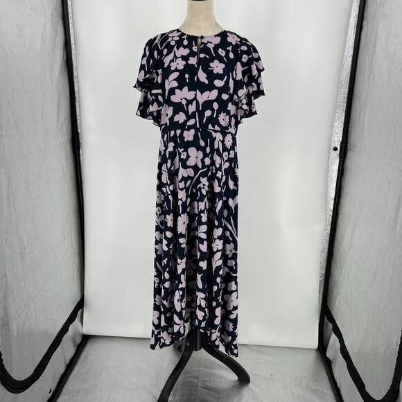 Kate Spade New Splash Ruffle Sleeve Midi Dress Navy & Cream Smocked Size 2 - Picture 2 of 9